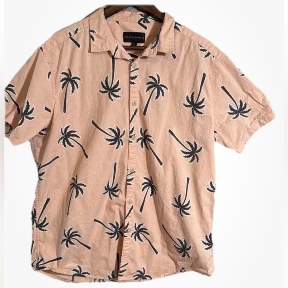No Boundaries Shirt Men's Large Pink Palm Trees Collar Button Casual